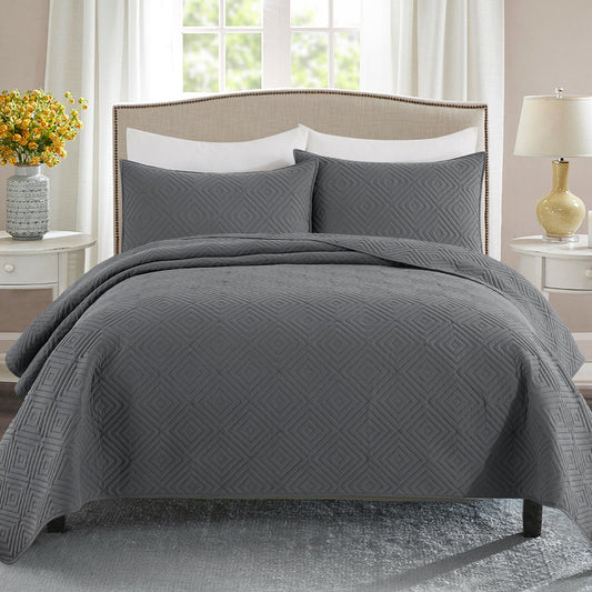 Exclusivo Mezcla 2-Piece Gray Twin Size Quilt Set, Square Pattern Ultrasonic Lightweight and Soft Quilts/Bedspreads/Coverlets/Bedding Set (1 Quilt, 1 Pillow Sham) for All Seasons
