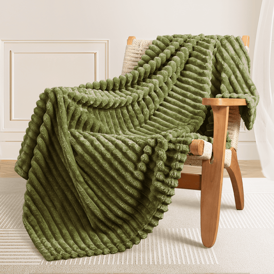 Exclusivo Mezcla Fleece Throw Blanket for Couch, Super Soft 3D Striped Jacquard Bed Blanket, Lightweight Fuzzy Cozy Blankets for All Seasons, 50x60 Inches, Olive Green Blanket