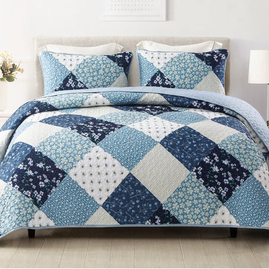 Exclusivo Mezcla Boho Bohemian Quilt Set Queen Size, Lightweight Patchwork Quilted Bedspread/Coverlet/Bed cover/Bedding set with colorful print pattern (Navy, 96x92)