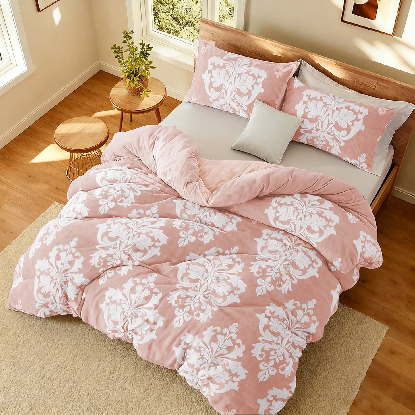 Exclusivo Mezcla Luxury Fuzzy King Size Comforter Set, 3 Pieces Boho Soft Warm Pink Comforters, Reversible Flannel Fluffy Bedding Comforter Sets for All Seasons