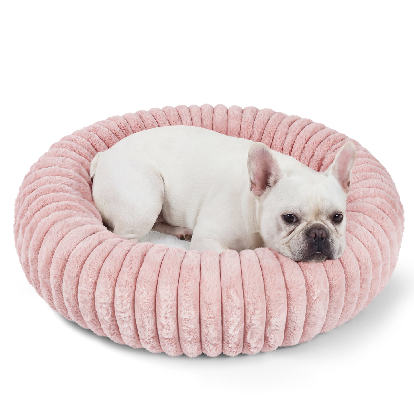 Exclusivo Mezcla Calming Donut Dog Bed, 28 inches Cozy Fluffy Faux Rabbit Fur Round Pet Bed, Machine Washable, Pink