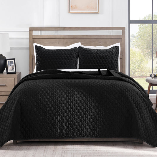 Exclusivo Mezcla Ultrasonic Reversible Full Queen Quilt Bedding Set with Pillow Shams, Lightweight Quilts Queen Size, Soft Bedspreads Bed Coverlets for All Seasons - (Black, 90"x96")