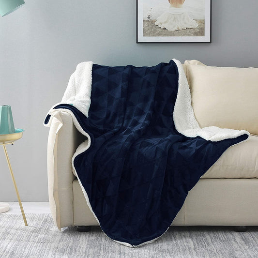Exclusivo Mezcla 50" x 70" Large Throw Blanket, Reversible Brushed Flannel Fleece& Plush Sherpa Blanket(Navy Blue)- Decorative, Lightweight, Soft and Warm