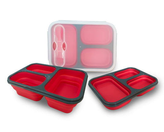 Exclusivo Mezcla Collapsible Bento Lunch Box (1pcs), Silicone Bento Box Adult Lunch Box With Spork & Leakproof Lid, BPA Free, Space Saving Food Storage Containers with 3 Compartments, Red