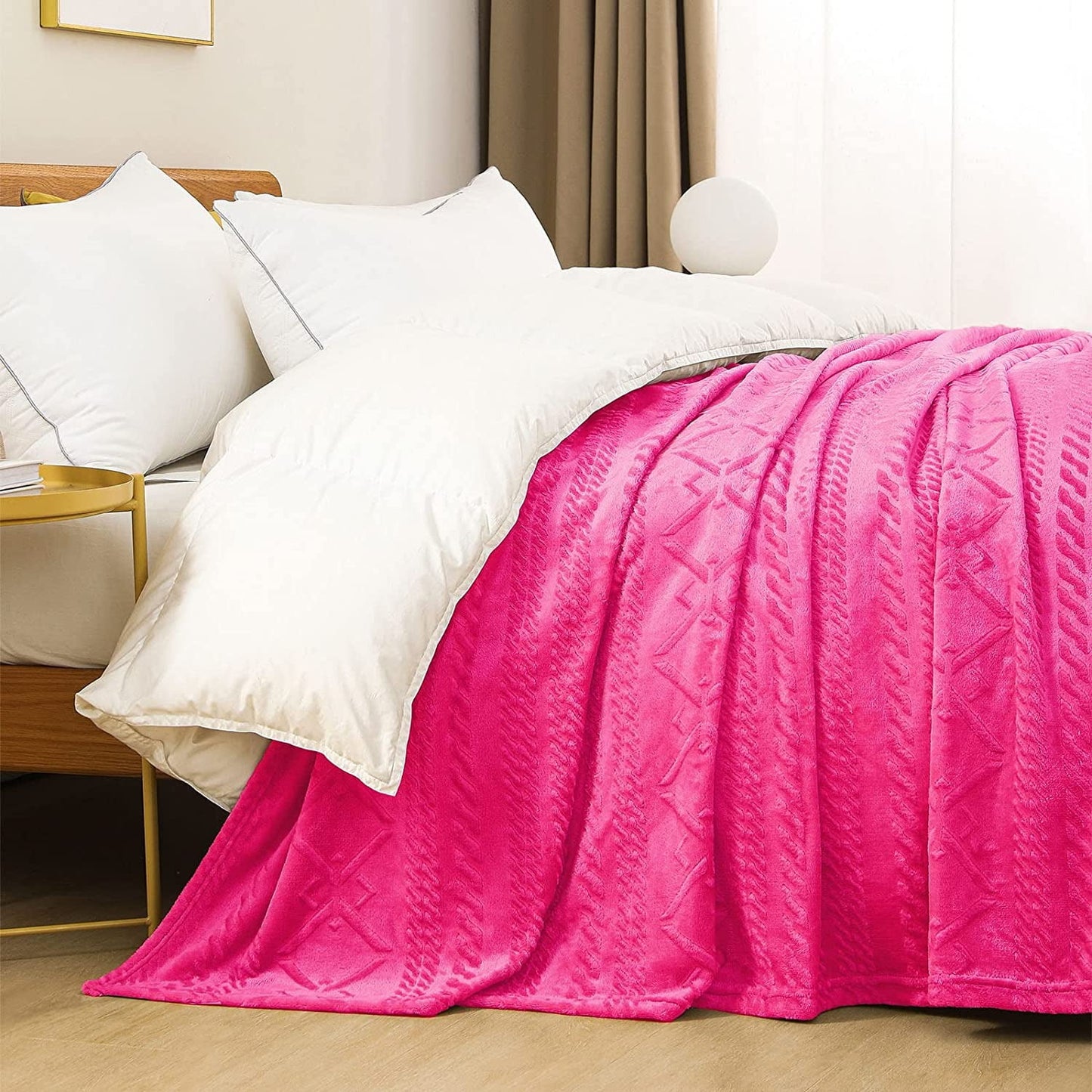 Exclusivo Mezcla King Size Soft Bed Blanket, Warm Fuzzy Luxury Bed Blankets, Decorative Geometry Pattern Plush Throw Blanket for Bed, 90"x104", Hot Pink