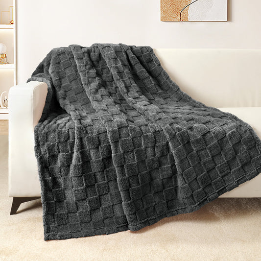 Exclusivo Mezcla Fleece Throw Blanket for Couch, Super Soft 3D Checkered Jacquard Bed Blanket, Cozy Fluffy Lightweight Blanket for All Seasons, 50x60 Inches, Dark Grey Blanket