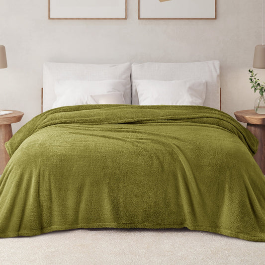 Exclusivo Mezcla Queen Size Flannel Fleece Blanket, Super Soft Velvet Plush Bed Blanket, Fuzzy Cozy Blankets for All Seasons, 90x90 Inches, Olive Green Blanket