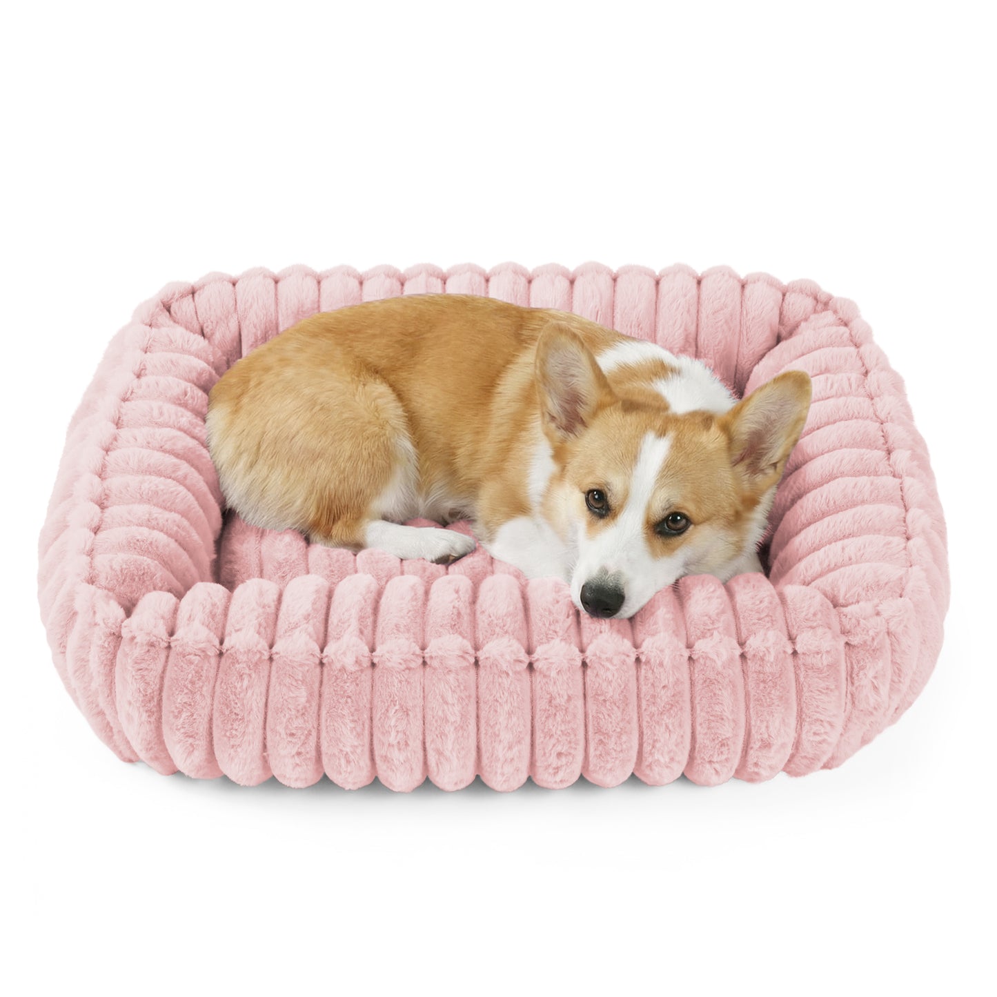 Exclusivo Mezcla Ribbed Plush Cuddler Dog Bed, 24"x20" Calming Pet Bed with Non-Slip Bottom for Medium Dogs, Machine Washable, Pink
