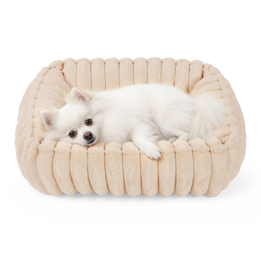 Exclusivo Mezcla Ribbed Plush Cuddler Dog Bed, 20"x16" Calming Pet Bed with Non-Slip Bottom for Small Dogs, Machine Washable, Apricot