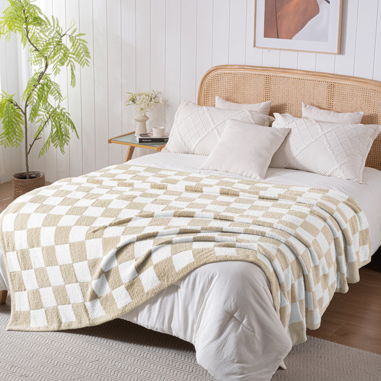 Exclusivo Mezcla Checkered Knit Blanket for Bed Twin Size, Ultra Soft Cozy Fluffy Blanket, Lightweight Fuzzy Throw for Couch and Bed, Khaki, 60"x80"