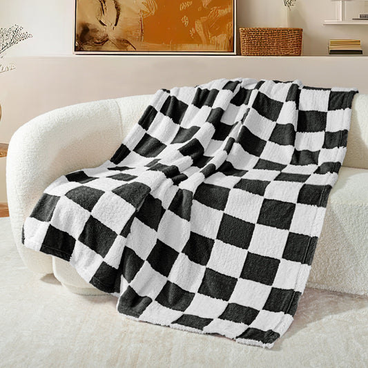 Exclusivo Mezcla Checkered Throw Blanket, Super Soft and Warm Fluffy Fleece Blanket for Couch, Sofa, Bed, Cute Plaid Pattern, Black, 50" x 60"