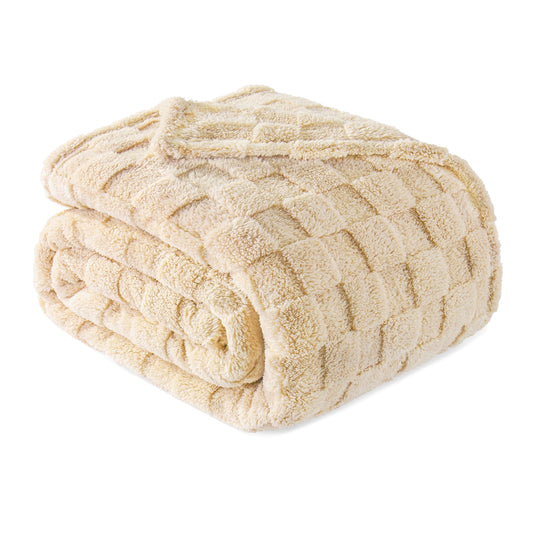 Exclusivo Mezcla Queen Size Flannel Fleece Blanket, Super Soft 3D Checkered Jacquard Bed Blanket, Cozy Fluffy Lightweight Blanket for All Seasons, 90x90 Inches, Beige Blanket