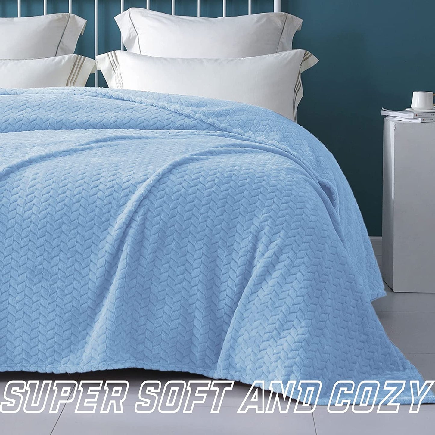 Exclusivo Mezcla King Size Flannel Fleece Blanket, 90x104 Inches Soft Jacquard Weave Leaves Pattern Velvet Plush Blanket for Bed, Cozy, Warm, Lightweight and Decorative Baby Blue Blanket