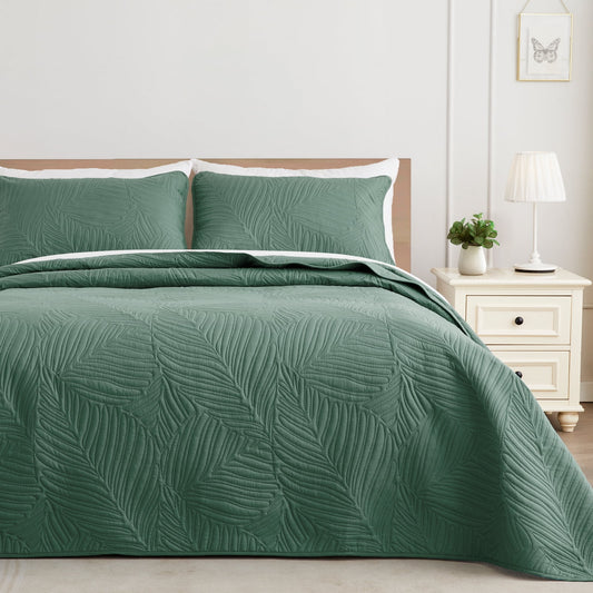 Exclusivo Mezcla Ultrasonic Full Queen Size Quilt Set Green, 3 Pieces Lightweight Bedspread Leaf Pattern Bed Cover Soft Microfiber Coverlet Bedding Set for All Seasons
