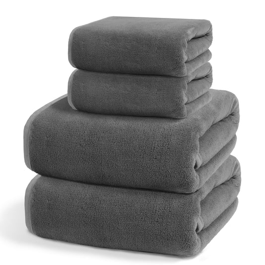 Exclusivo Mezcla 4-Piece Ultra Soft Bath Towel Set, Large Highly Absorbent Microfiber Coral Velvet Towel, Quick Drying for Body, Bathroom, Gym, Spa, 2 Bath Towels, 2 Hand Towels, Grey