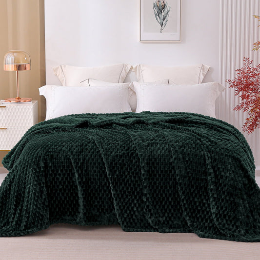 Exclusivo Mezcla Twin Size Soft Fleece Blanket, 90x66 Inches 3D Clouds Stylish Jacquard Velvet Blanket for Bed, Cozy Soft Lightweight for All Season, Forest Green Blanket