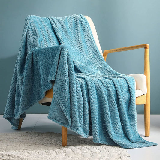 Exclusivo Mezcla Large Flannel Fleece Throw Blanket, Jacquard Weave Wave Pattern (50" x 70", Slate Blue) - Soft, Warm, Lightweight and Decorative