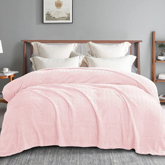Exclusivo Mezcla King Size Jacquard Weave Wave Pattern Flannel Fleece Velvet Plush Bed Blanket as Bedspread/Coverlet/Bed Cover (90" x 104",Light Pink) - Soft, Lightweight, Warm and Cozy