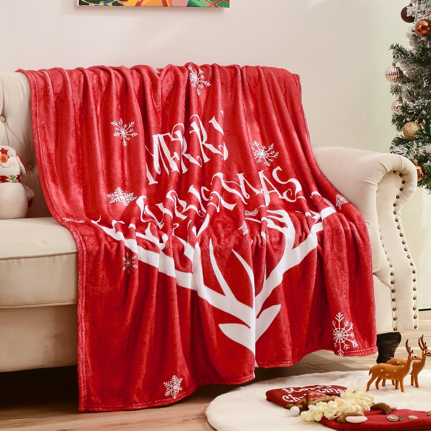 Exclusivo Mezcla Fleece Twin Blanket for Bed, Ultra Plush Christmas Holiday Printed Velvet Blankets,Lightweight and Cozy-60"x80"(Red Reindeer)