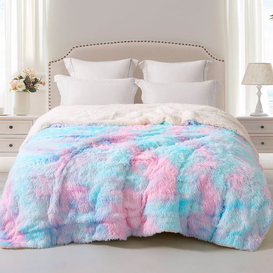 Exclusivo Mezcla Queen Size Faux Fur Bed Blanket, Super Soft Fuzzy and Plush Reversible Sherpa Fleece Blanket and Warm Blankets for Bed, Sofa, Travel, 90X90 inches, Aqua Rainbow
