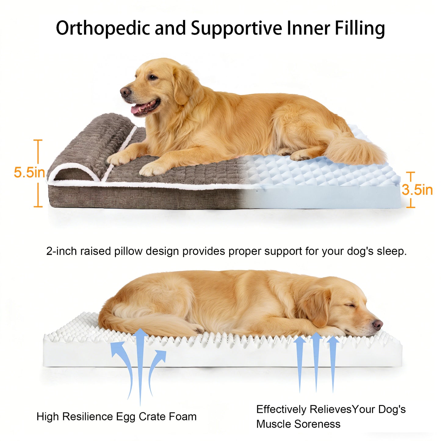 Exclusivo Mezcla Orthopedic Dog Bed with Head Pillow for Medium and Large Dogs, Removable and Machine-Washable Cover, 36"X24", Brown