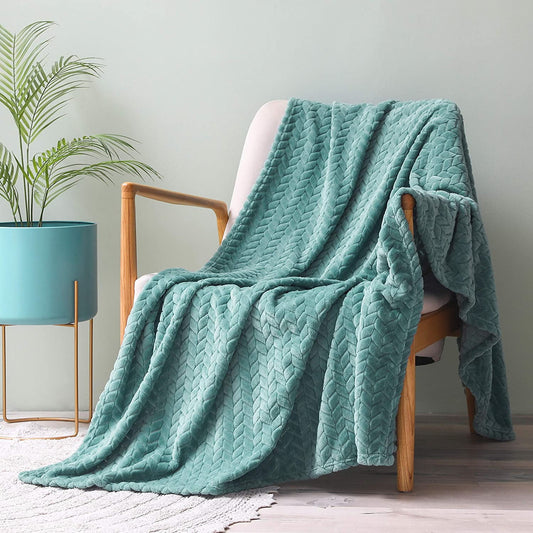 Exclusivo Mezcla Extra Large Flannel Fleece Throw Blanket, 50x70 Inches Leaves Pattern Soft Throw Blanket for Couch, Cozy, Warm, and Lightweight Blanket for Winter, Celadon Blanket