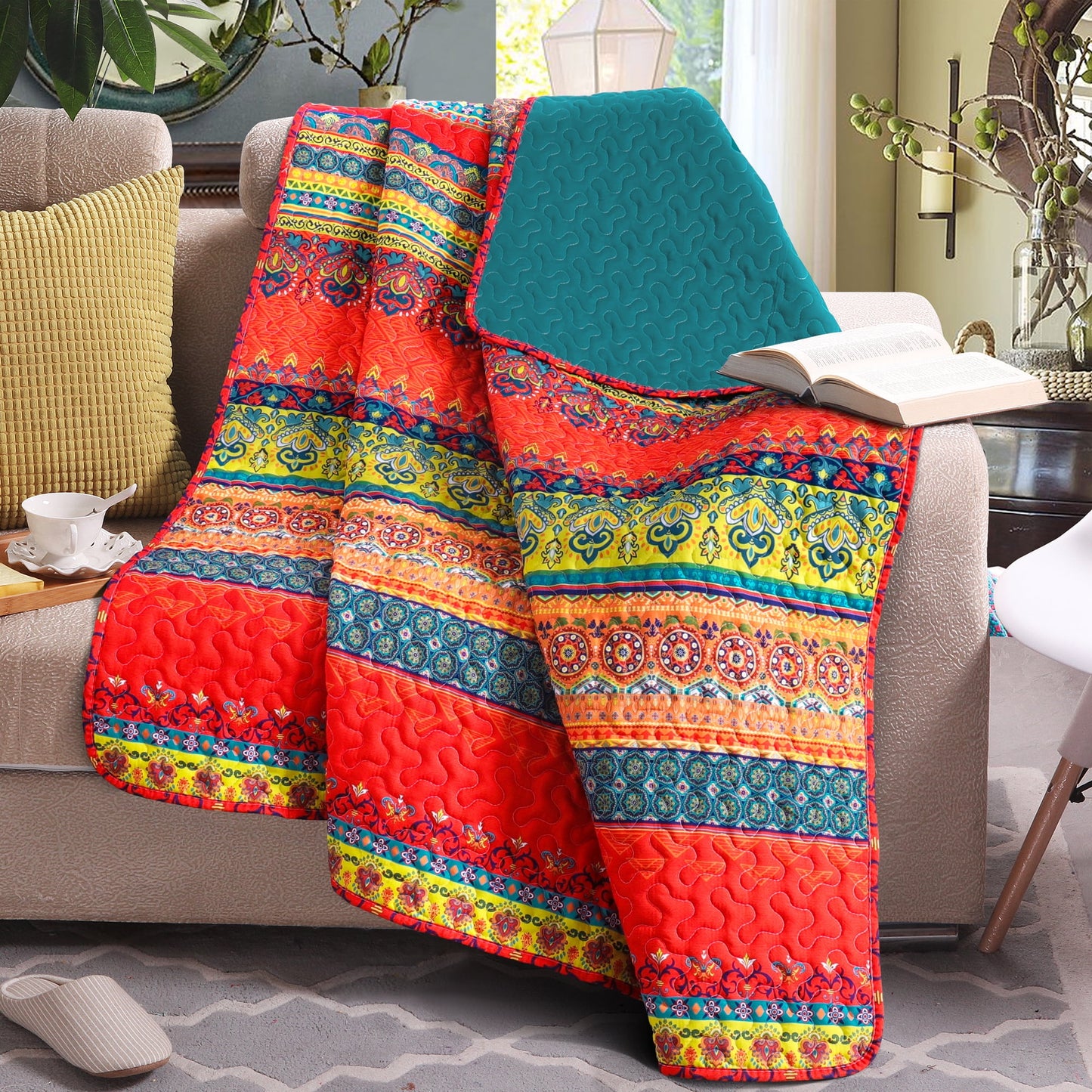 Exclusivo Mezcla Microfiber Reversible Boho Striped Pattern Quilted Throw Blanket for Bed, Soft and Lightweight Throw Quilt (60"x 80", Blue)
