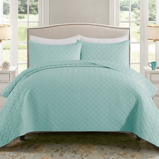 Exclusivo Mezcla 3-Piece Aqua King Size Quilt Set, Weave Pattern Ultrasonic Lightweight and Soft Quilts/Bedspreads/Coverlets/Bedding Set (1 Quilt, 2 Pillow Shams) for All Seasons