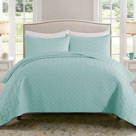 Exclusivo Mezcla 3-Piece Aqua Queen Size Quilt Set, Weave Pattern Ultrasonic Lightweight and Soft Quilts/Bedspreads/Coverlets/Bedding Set (1 Quilt, 2 Pillow Shams) for All Seasons