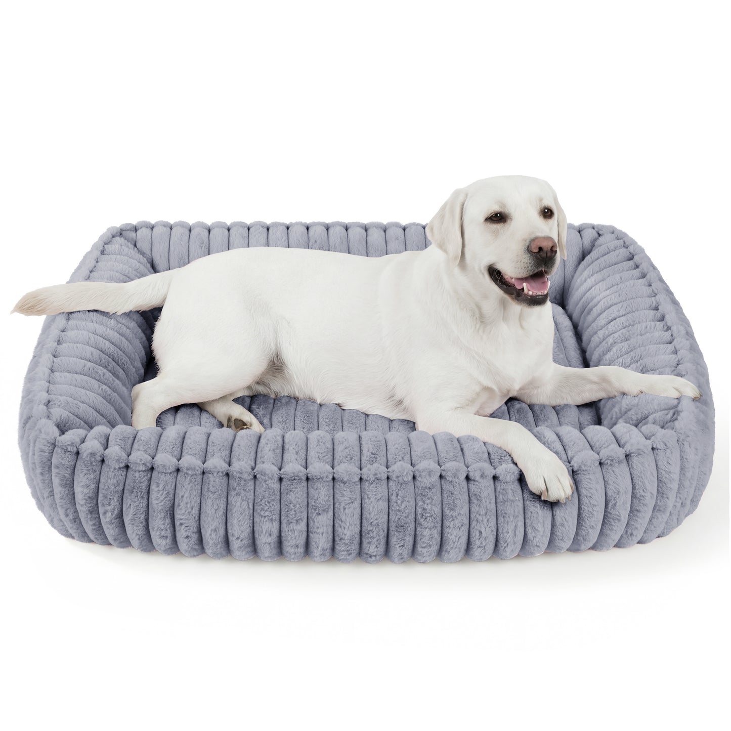 Exclusivo Mezcla Ribbed Plush Cuddler Dog Bed, 40"x32" Calming Pet Bed with Non-Slip Bottom for Large Dogs, Machine Washable, Light Grey