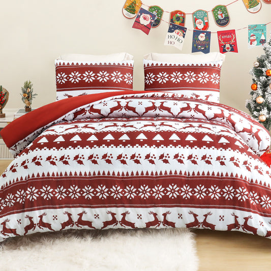 Exclusivo Mezcla Christmas Queen Size Comforter Set, 3 Pieces Reversible White and Rust Red Striped Bedding Comforters, Printed Reindeer Snowflakes Pattern