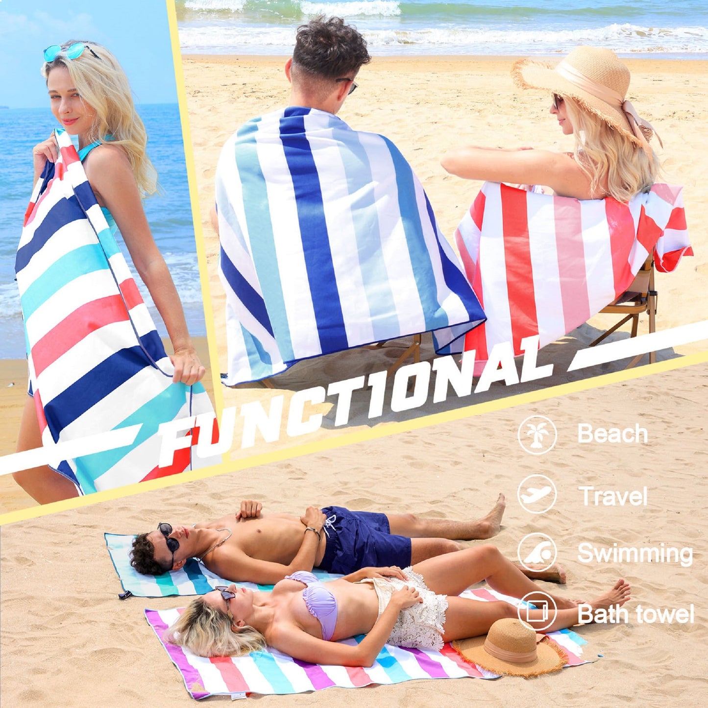 Exclusivo Mezcla Microfiber Quick Dry Beach Towel, Large Sand Free Beach Towel for Travel/ Camping/ Sports (Striped Red, 30"X60") - Super Absorbent, Compact and Lightweight