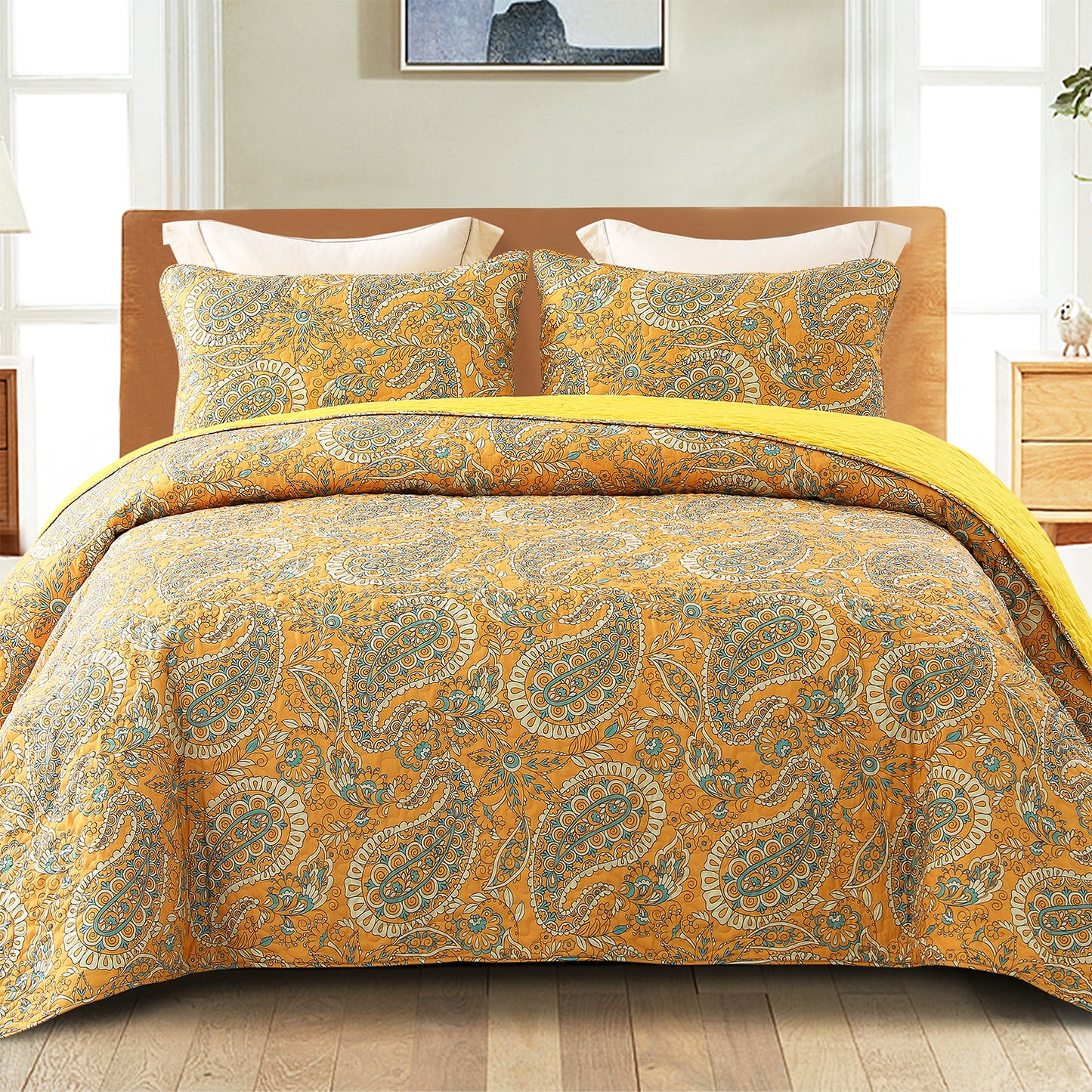 Exclusivo Mezcla Reversible Boho Quilt Set King Size, 3 Pieces Paisley Orange All Season Bedspreads, Ultra Soft Floral Coverlet Bedding Set with Printed Pattern (1 Quilt, 2 Pillow Shams)