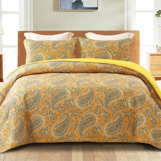 Exclusivo Mezcla Reversible Boho Quilt Set Queen Size, 3 Pieces Paisley Orange All Season Bedspreads, Ultra Soft Floral Coverlet Bedding Set with Printed Pattern (1 Quilt, 2 Pillow Shams)