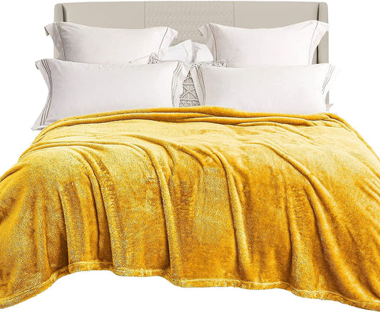 Exclusivo Mezcla Plush Fuzzy Fleece Queen Size Bed Blanket, Super Soft Fluffy and Thick Blankets for Travel Bed and Couch (Mustard Yellow, 90x90 inches)