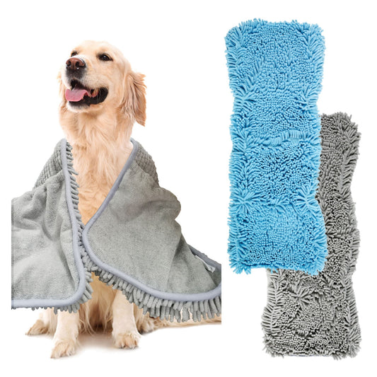 2 Pack Luxury Absorbent Dog Towels, (35"x15") Extra Large Microfiber Quick Drying Dog Shammy with Hand Pockets Pet Towel for Dog and Cat, Machine Washable (Grey+Blue)