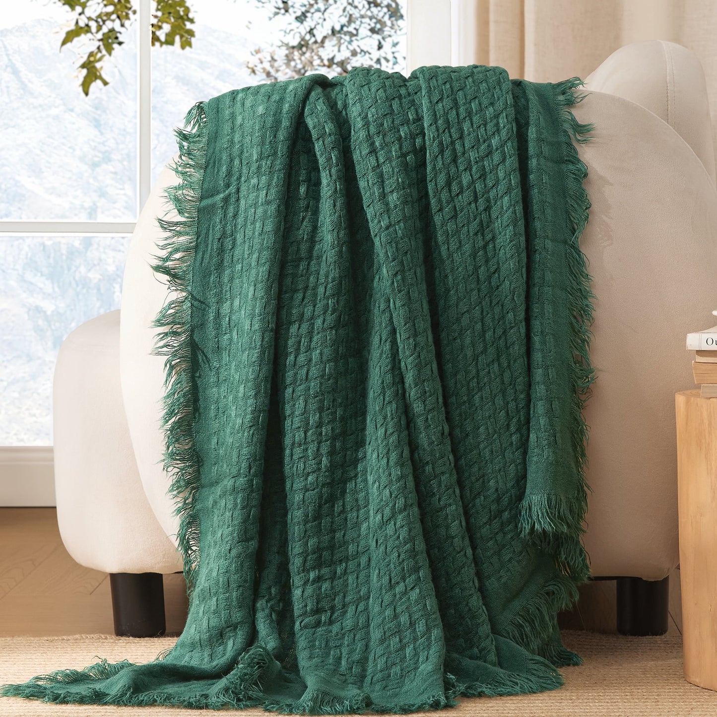 Exclusivo Mezcla Knitted Twin Size Blanket with Fringes for Bed, Soft and Warm Textured Blanket for All Season, Lightweight Breathable Living Room Bedding, Forest Green, 60??x80??,Exclusivo Mezcla"