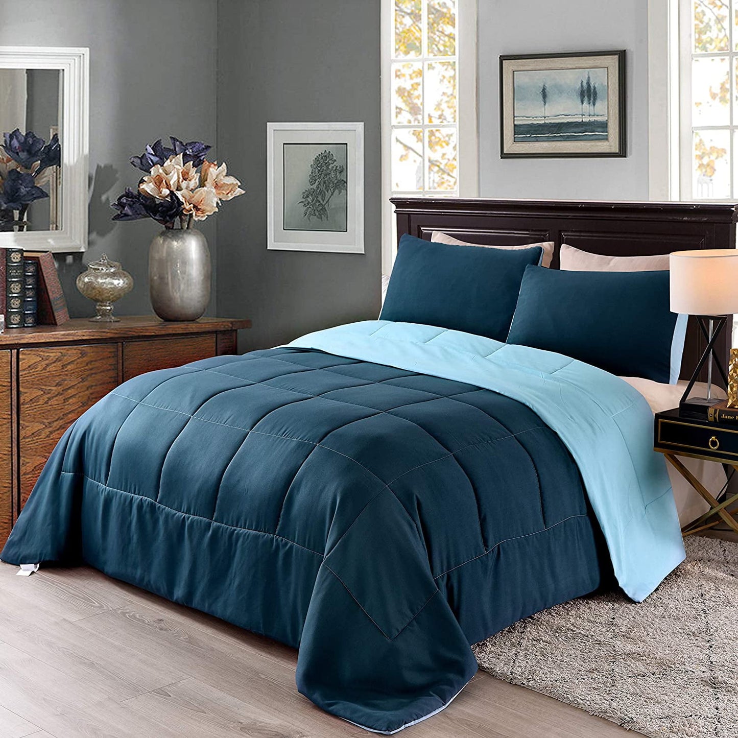 Exclusivo Mezcla Lightweight Reversible 2-Piece Comforter Set All Seasons, Down Alternative Comforter with 1 Pillow Sham, Twin Size, Navy/ Blue