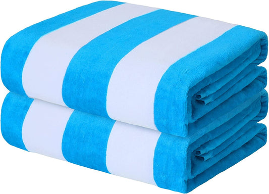 Exclusivo Mezcla 2-Pack Cotton Oversized 35"x70" Cabana Stripe Beach Towels, Super Absorbent Soft Plush Pool Towel, Bath Towel (Blue)
