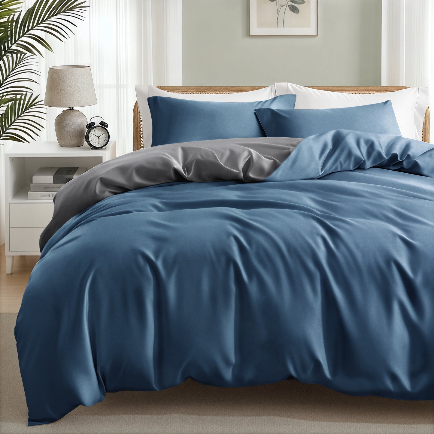 Exclusivo Mezcla Twin Bedding Duvet Cover Set, 2 Pieces Lightweight Comforter Cover with Pillow Sham (Dark Blue and Dark Grey)