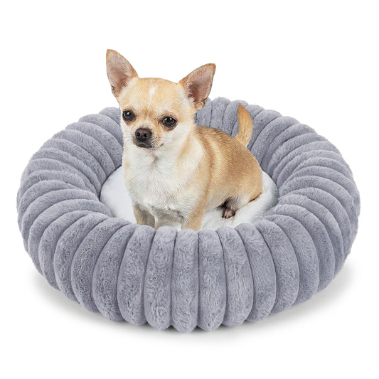 Exclusivo Mezcla Calming Donut Dog Bed, 20 inches Cozy Fluffy Faux Rabbit Fur Round Pet Bed, Machine Washable, Light Grey