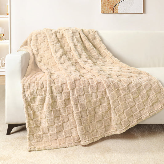 Exclusivo Mezcla Fleece Throw Blanket for Couch, Super Soft 3D Checkered Jacquard Bed Blanket, Cozy Fluffy Lightweight Blanket for All Seasons, 50x60 Inches, Beige Blanket
