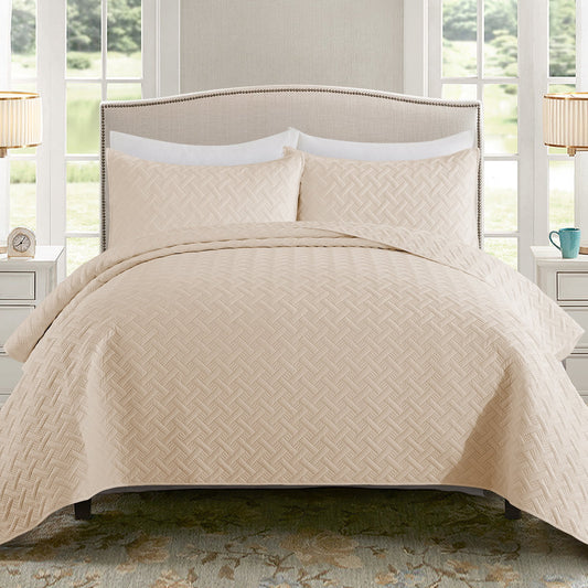 Exclusivo Mezcla 3-Piece Bone Queen Size Quilt Set, Weave Pattern Ultrasonic Lightweight and Soft Quilts/Bedspreads/Coverlets/Bedding Set (1 Quilt, 2 Pillow Shams) for All Seasons