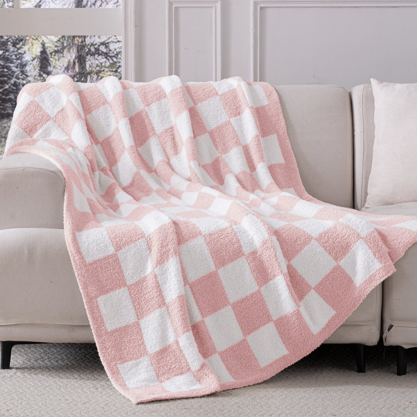 Exclusivo Mezcla Checkered Knit Throw Blanket, Ultra Soft Cozy Fluffy Checkerboard Blankets, Lightweight Fuzzy Plush Throw for Couch and Bed, Pink, 50"x60"