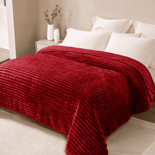 Exclusivo Mezcla Queen Size Flannel Fleece Blanket, Super Soft 3D Striped Jacquard Bed Blanket, Lightweight Fuzzy Cozy Blankets for All Seasons, 90x90 Inches, Deep Red Blanket
