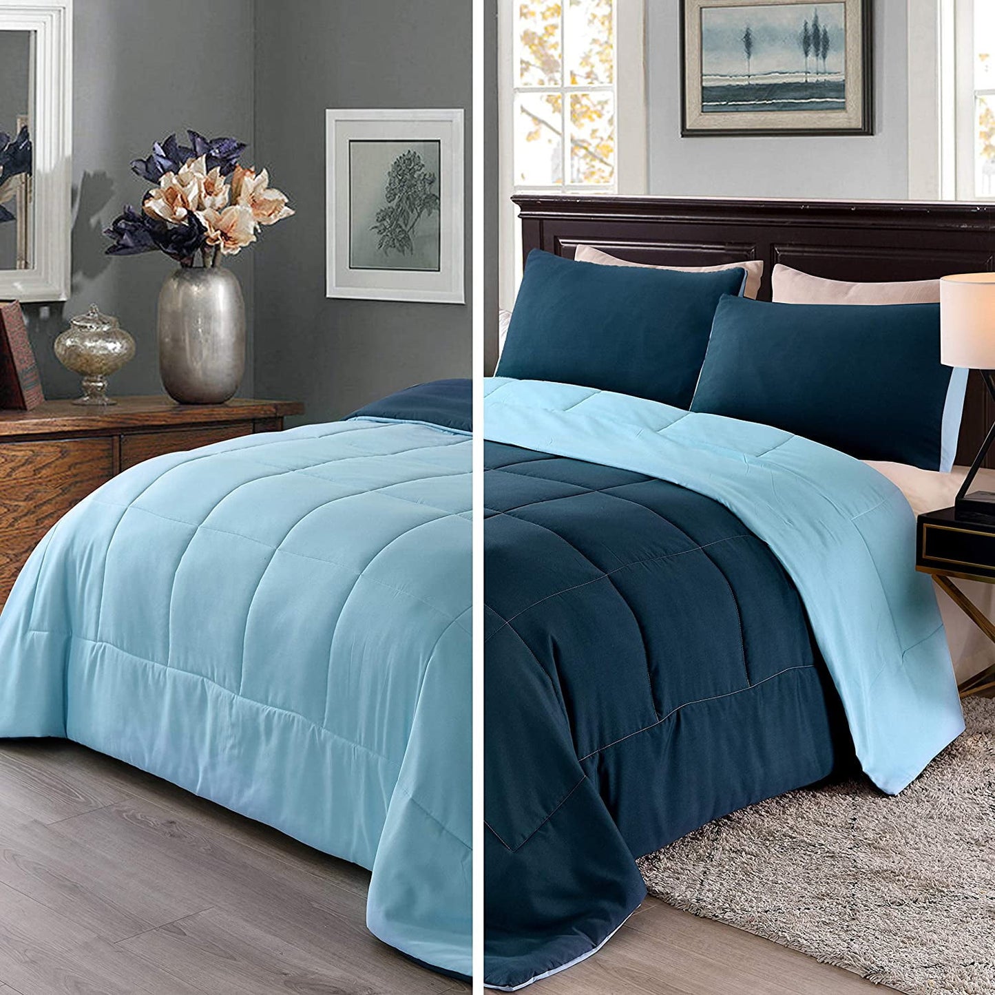 Exclusivo Mezcla Lightweight Reversible 3-Piece Comforter Set All Seasons, Down Alternative Comforter with 2 Pillow Shams, Queen Size, Navy/ Blue