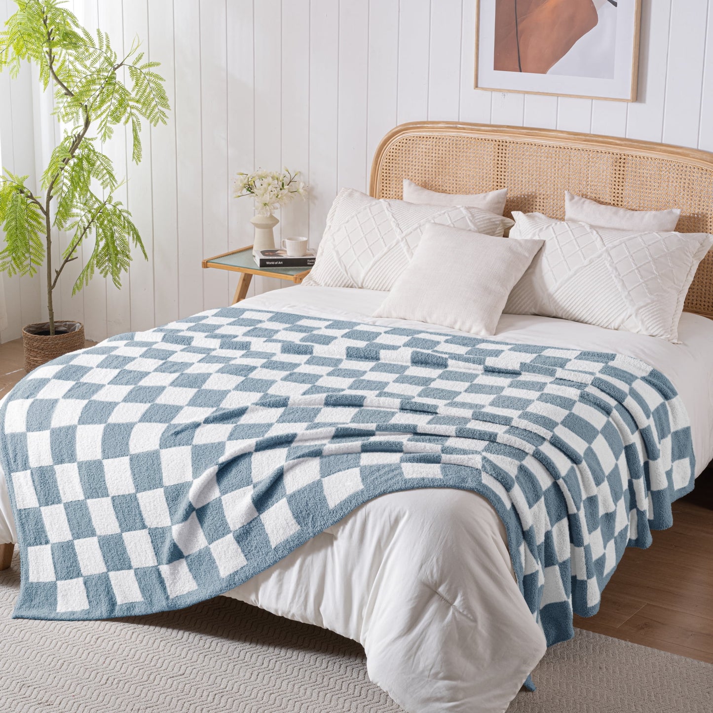 Exclusivo Mezcla Checkered Knit Blanket for Bed Queen Size, Ultra Soft Cozy Fluffy Blanket, Lightweight Fuzzy Throw for Couch and Bed, Stone Blue, 90"x90"