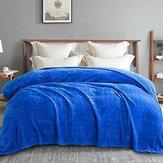 Exclusivo Mezcla Twin Size Jacquard Weave Wave Pattern Flannel Fleece Velvet Plush Bed Blanket as Bedspread/Coverlet/Bed Cover (90" x 66",Cobalt Blue) - Soft, Lightweight, Warm and Cozy