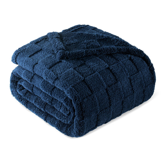 Exclusivo Mezcla Queen Size Flannel Fleece Blanket, Super Soft 3D Checkered Jacquard Bed Blanket, Cozy Fluffy Lightweight Blanket for All Seasons, 90x90 Inches, Navy Blue Blanket