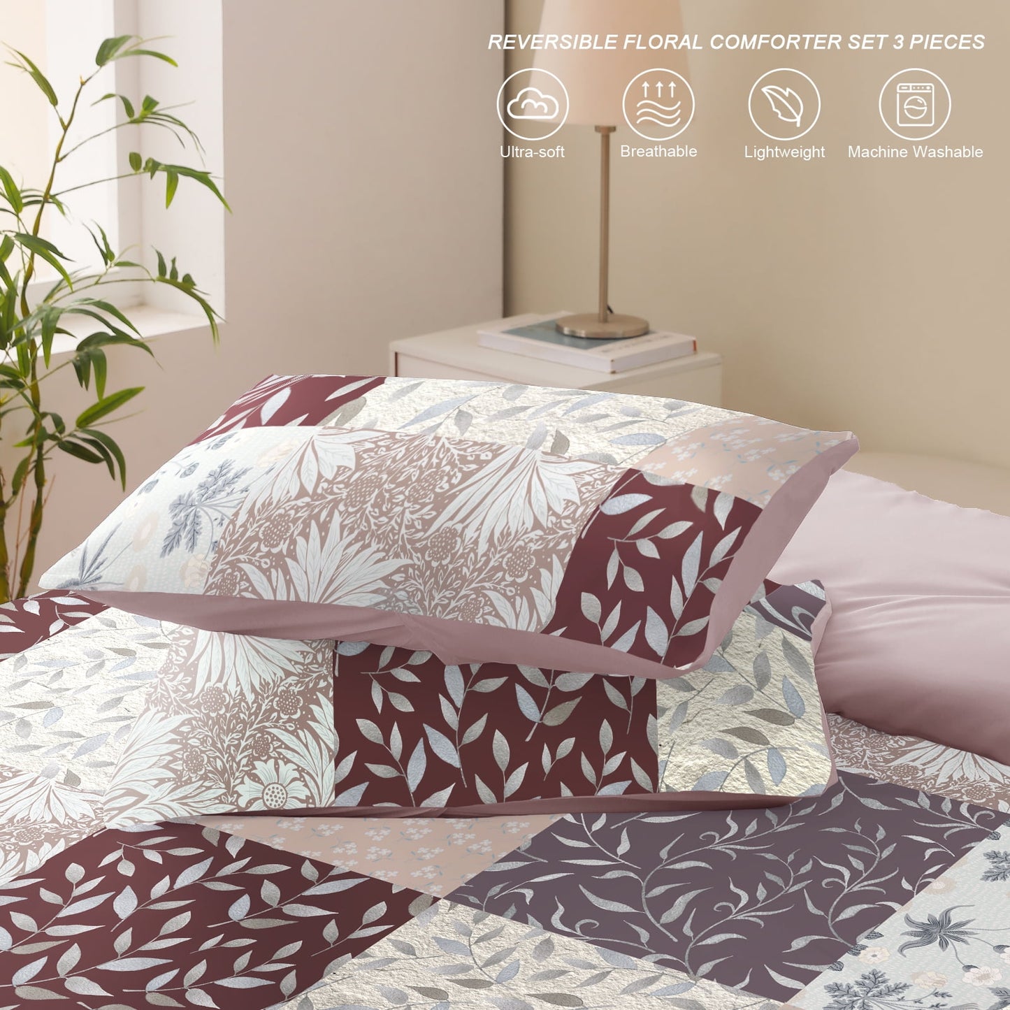Exclusivo Mezcla 3-Piece Patchwork Queen Size Comforter Set, Microfiber Bedding Down Alternative Comforter for All Seasons with 2 Pillow Shams, Brown